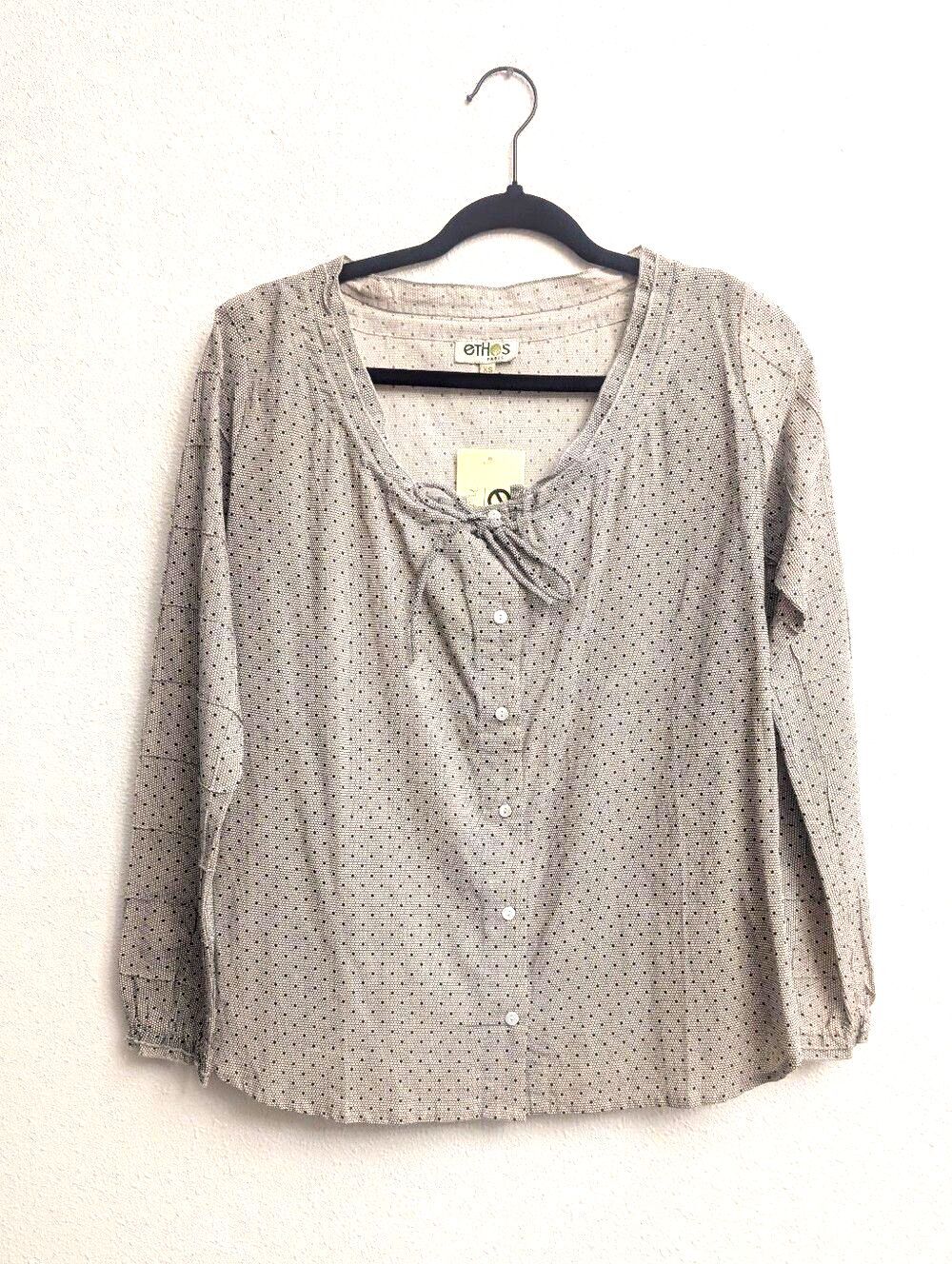 Ethos Paris Organic Cotton Scoop Neck Tie Button Blouse Top Cream/Tan Dot XS NEW